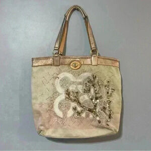 AUTHENTIC COACH 17031 AUDREY CORAL CANVAS TOTE PURSE BAG CREAM PINK VACATION